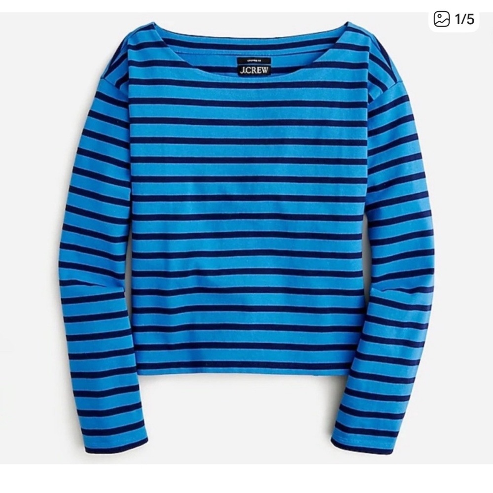 J. Crew Vivid Blue Striped Cropped Boatneck Long Sleeve Tee